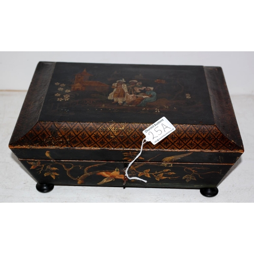 25a - An antique Japanese lacquer style box with painted vignettes