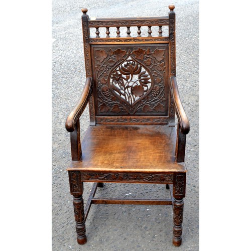 222b - An antique carved wooden Anglo-Indian dining table and 6 carver chairs. All decorated and pierced wi... 