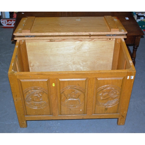 180 - Oak carved blanket box - Postage/packing not available.