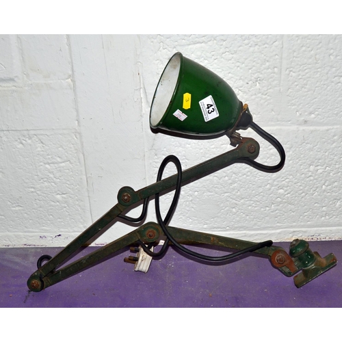 43 - A green industrial lathe lamp - Postage/packing not available.