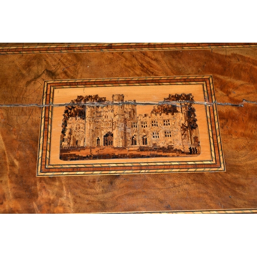 26 - An antique Tumbridgeware writing slope with castle and birds - Postage/packing not available.