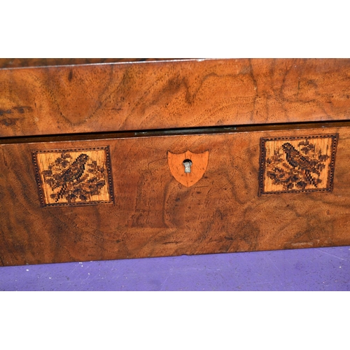 26 - An antique Tumbridgeware writing slope with castle and birds - Postage/packing not available.