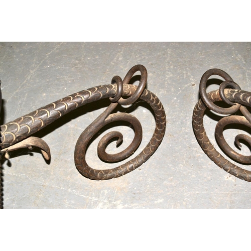 30 - A pair of early 20th century Aesthetic movement blacksmith made andirons in the form of dragons - po... 