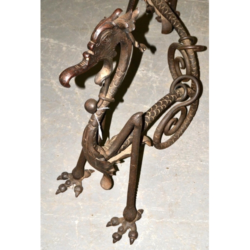 30 - A pair of early 20th century Aesthetic movement blacksmith made andirons in the form of dragons - po... 