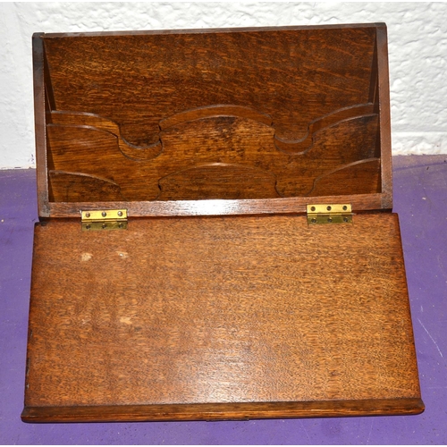 5 - An antique Oak Gothic Revival style desk top stationary box with brass straps