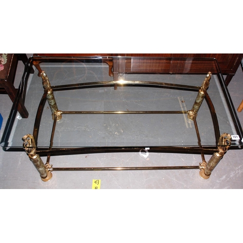 101 - Retro glass and brass coffee table with swan details - Postage/packing not available.
