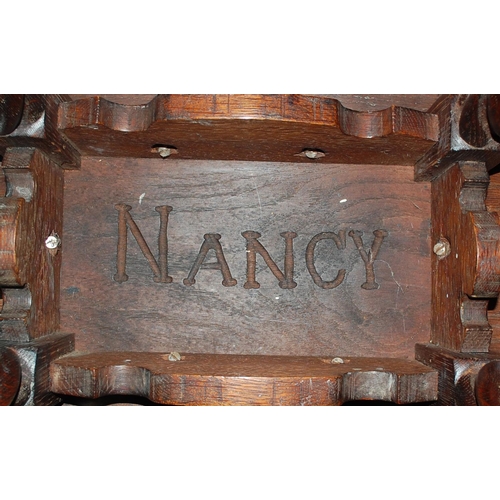 60 - 2 vintage named Oak stools - Vera & Nancy - Postage/packing not available.