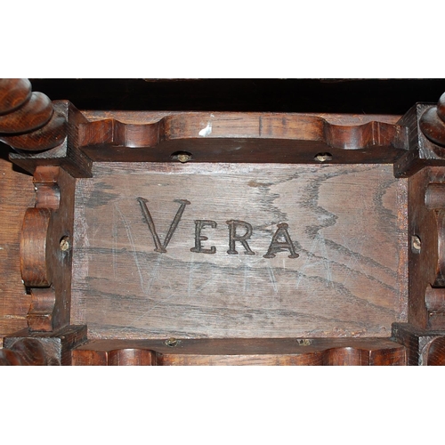 60 - 2 vintage named Oak stools - Vera & Nancy - Postage/packing not available.