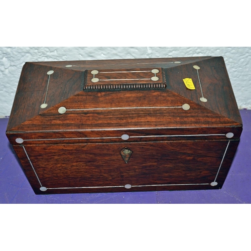 338 - A Victorian Rosewood tea caddy with Mother of Pearl inlay - Postage/packing not available