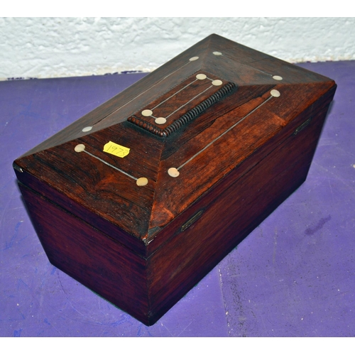 338 - A Victorian Rosewood tea caddy with Mother of Pearl inlay - Postage/packing not available