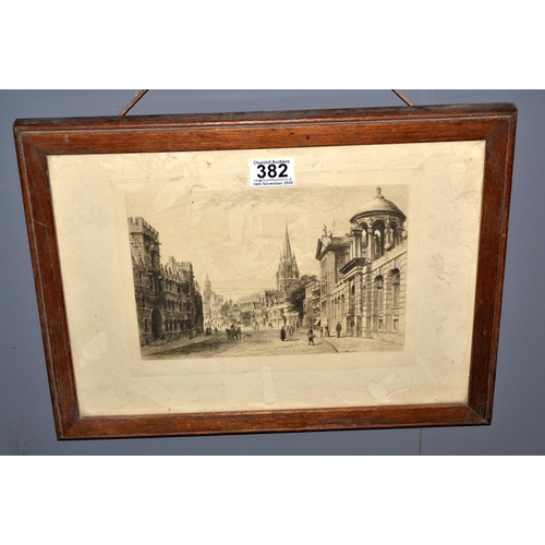 382 - A framed etching of Oxford High St by CO Murray - Postage/packing not available