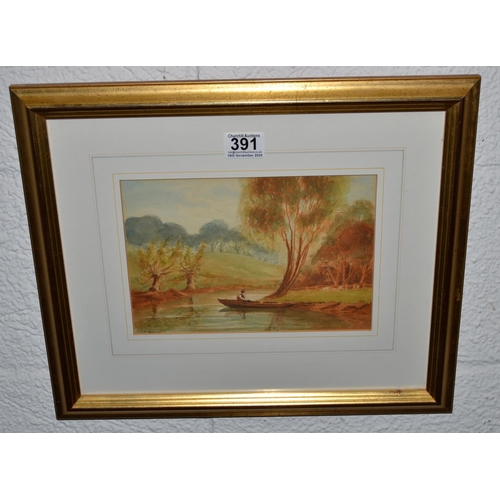 391 - A 20th century watercolour of a river scene by T.B. Macdonald - original labels verso - Postage/pack... 