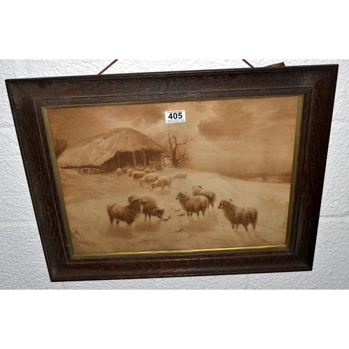 405 - An antique oak framed print of sheep in a snowy landscape - Postage/ Packing not available