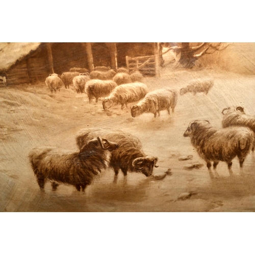 405 - An antique oak framed print of sheep in a snowy landscape - Postage/ Packing not available