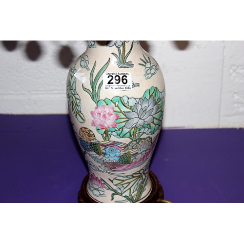 296 - A Chinese pottery table lamp - Postage/packing not available