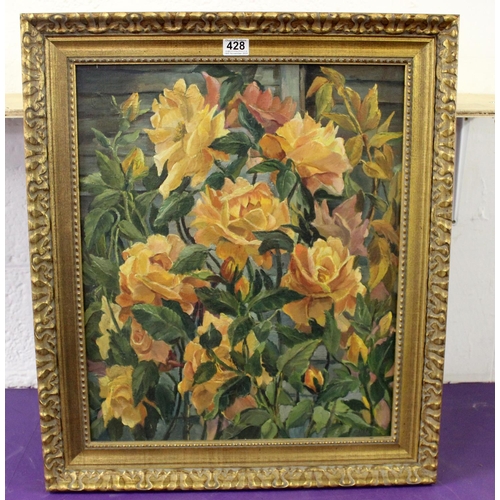 428 - Oil on board of flowers in gilt frame - MF - Postage/ Packing not available