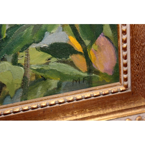 428 - Oil on board of flowers in gilt frame - MF - Postage/ Packing not available