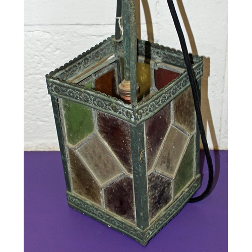 304 - A vintage hanging glass lantern with stained glass panels - Postage/packing not available