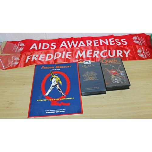 675 - A rare Freddie Mercury Tribute programme from 1992, 2 sashes and 2 VHS tapes