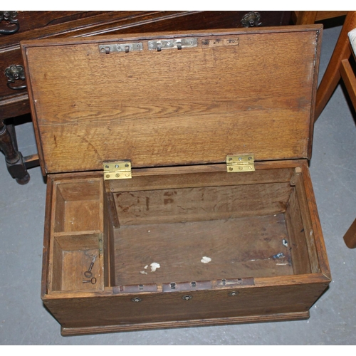 55 - Antique oak strong box with triple lock and 2 keys - Postage/packing not available