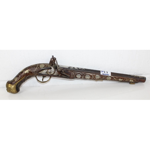 1011 - A flintlock pistol with extensive silver inlay - believed to be French c. early 19th century