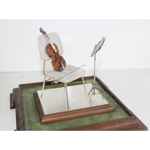 1115 - A 925 silver and wooden model of a violin, music stand and chair by Sachetti of Italy in associated ... 