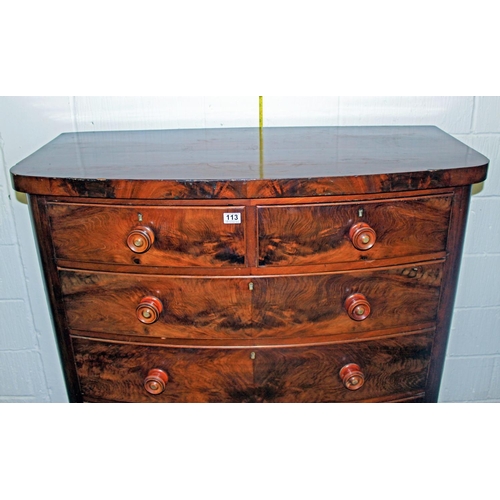 113 - A Victorian Mahogany veneered chest of drawers with turned wooden handles set with Mother of Pearl