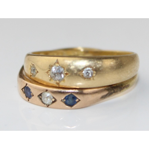 1263 - 2 18ct gold gypsy set rings - Diamonds and Sapphires - approx 4.5g gross weight