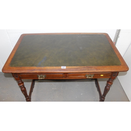 127 - A Victorian leather topped library table/ desk with 2 drawers on ball casters - lock stamped Warings... 