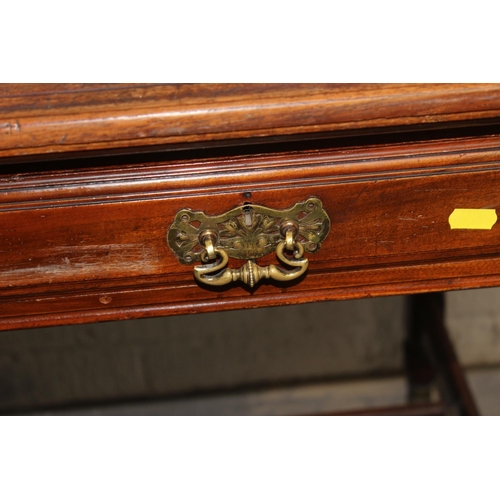 127 - A Victorian leather topped library table/ desk with 2 drawers on ball casters - lock stamped Warings... 