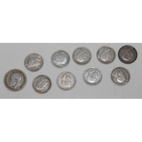 1377 - 9 pre-1920 silver 3d coins and a 1916 sixpence