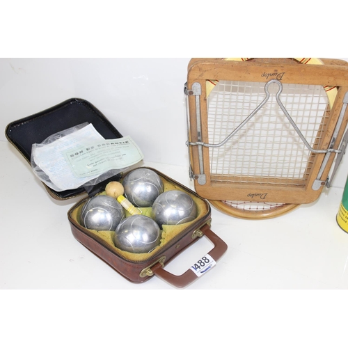 1488 - Boules set & vintage Tennis racket and balls - Radley College