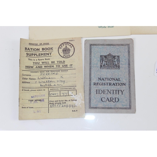 1582 - 6 x 1940's Cunard White Star line menus from RMS Ascania & Queen Mary etc, ration book, ID Card etc