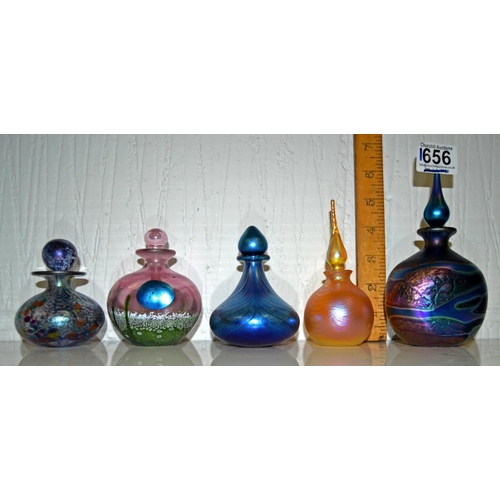 1656 - 5 iridescent glass perfume bottles to inc examples by Siddy Langley & 2 by Okra Glass