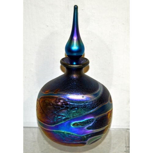 1656 - 5 iridescent glass perfume bottles to inc examples by Siddy Langley & 2 by Okra Glass