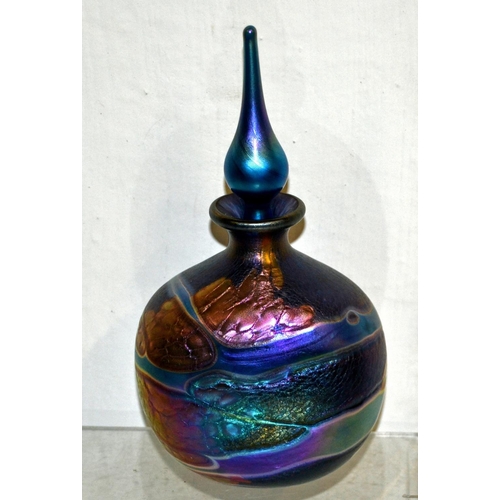 1656 - 5 iridescent glass perfume bottles to inc examples by Siddy Langley & 2 by Okra Glass