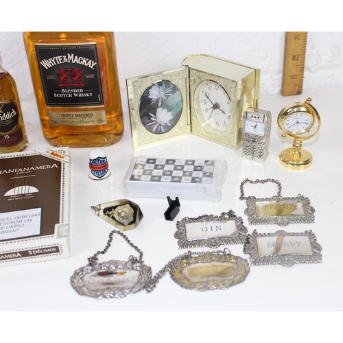 1666 - Qty of cigars, whisky, silver plated decanter labels and misc