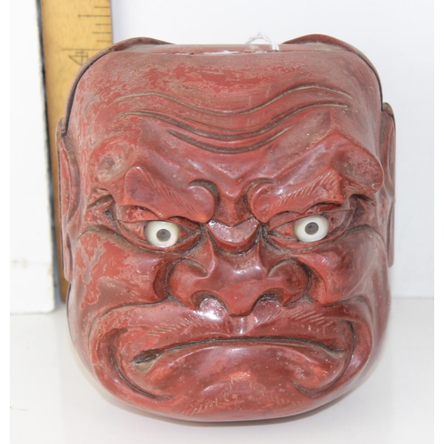 1675 - An unusual Japanese Lacquer Oni or Noh style Mask Box with 2 differing faces - likely c.1900