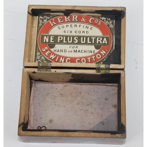 1686 - A Victorian Tartanware thread box in Stuart tartan bearing advertising label inside for Kerr & Co se... 