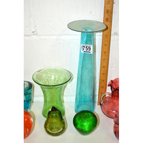 1759 - Qty of coloured mainly retro glassware