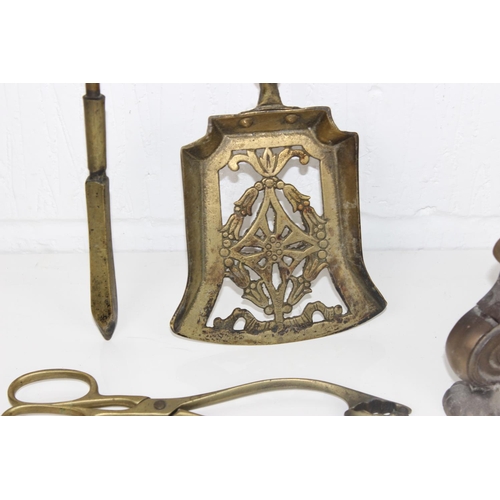 1768 - Large vintage metal candlestick and antique brass fire irons