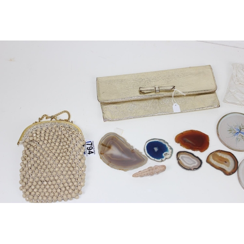 1794 - Vintage evening bags, qty of geode crystal specimens and ceramic coasters etc