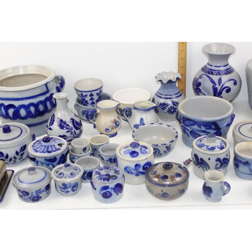 1875 - A large qty of continental Westervald style grey ground and blue glazed stoneware pottery to inc exa... 