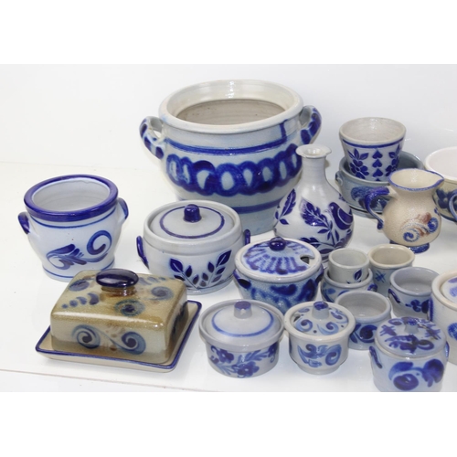 1875 - A large qty of continental Westervald style grey ground and blue glazed stoneware pottery to inc exa... 