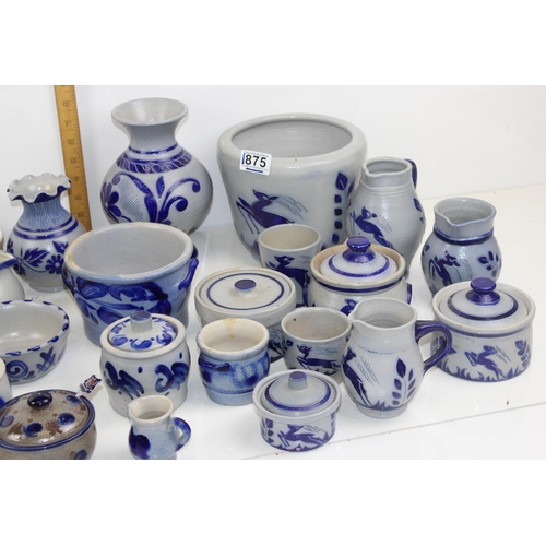 1875 - A large qty of continental Westervald style grey ground and blue glazed stoneware pottery to inc exa... 