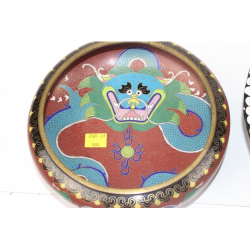 1890 - A Chinese cloisonne bowl decorated with a dragon and an unusual painted Papier Mache bowl