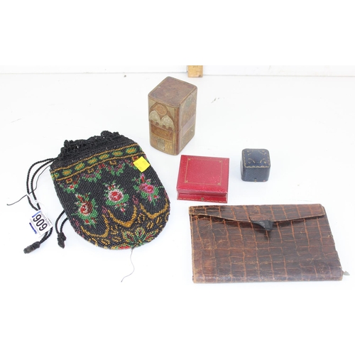 1909 - Vintage beadwork bag, leather crocodile effect wallet, 2 vintage jewellery box and an unusual leathe... 