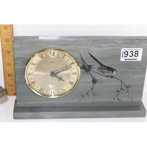 1938 - A slate clock with painted details and a metal hanging bell