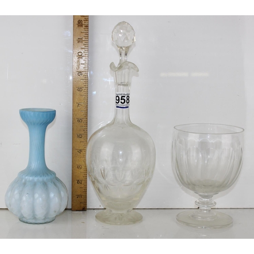 1958 - 3 piece of antique glassware - Decanter, Rummer and vase