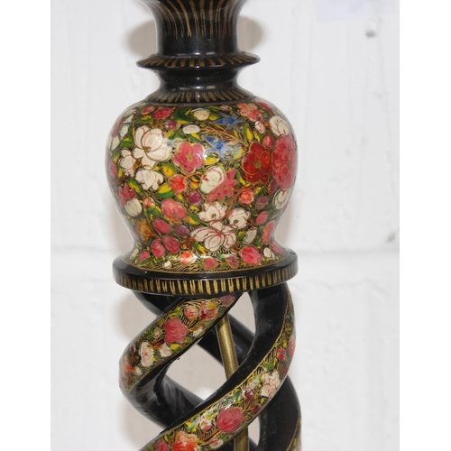 297 - 2 Kashmiri style lacquer lamps with double open twist design and floral decoration